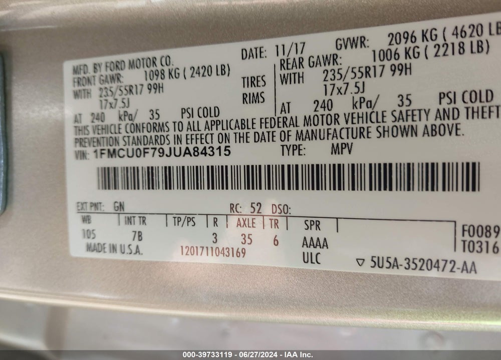 2018 FORD ESCAPE S VIN: 1FMCU0F79JUA84315