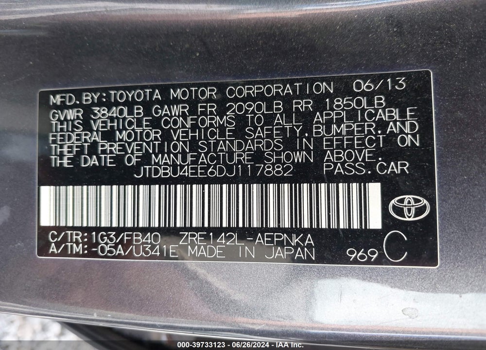 2013 TOYOTA COROLLA LE VIN: JTDBU4EE6DJ117882