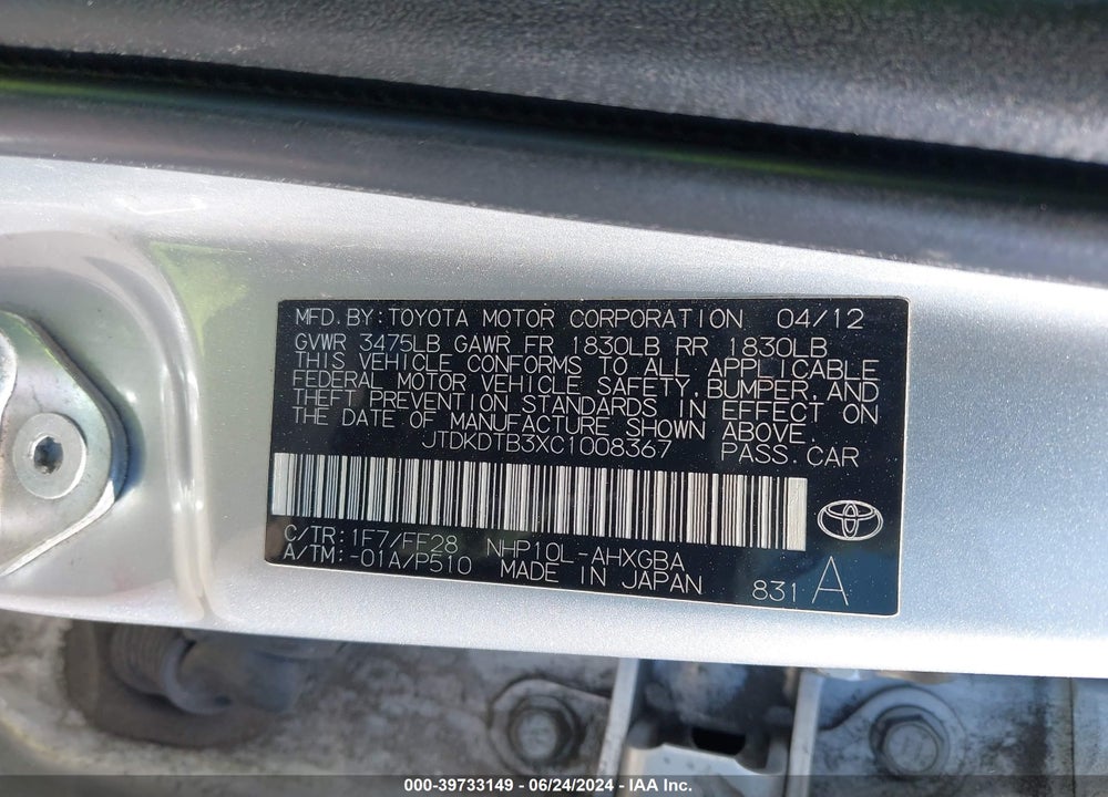 2012 TOYOTA PRIUS C THREE VIN: JTDKDTB3XC1008367