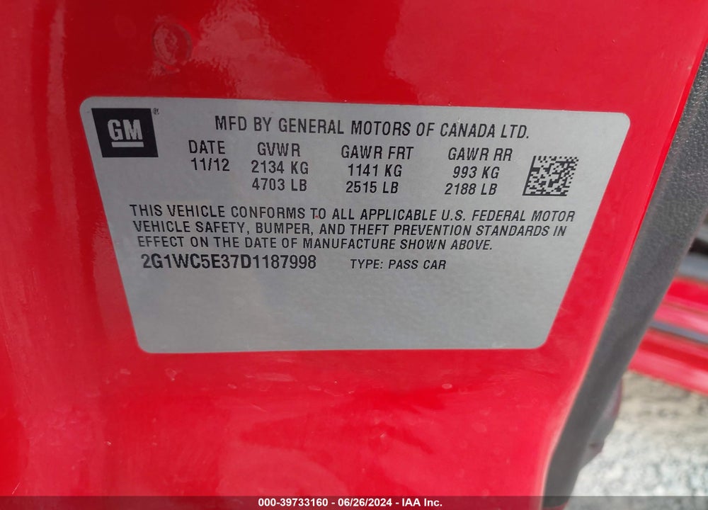 2013 CHEVROLET IMPALA LTZ VIN: 2G1WC5E37D1187998
