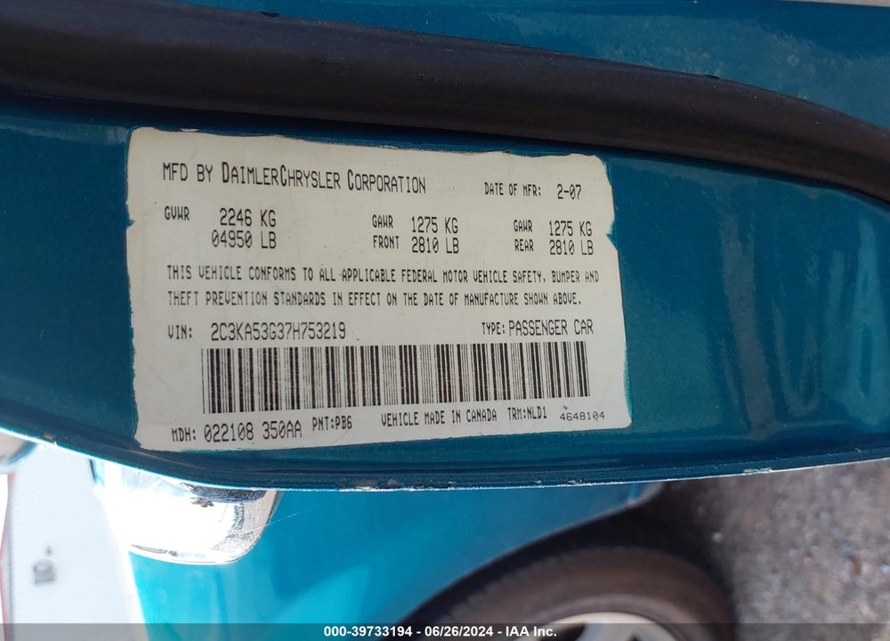 2007 CHRYSLER 300 TOURING VIN: 2C3KA53G37H753219