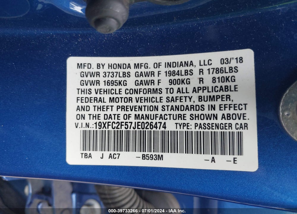 2018 HONDA CIVIC LX VIN: 19XFC2F57JE026474