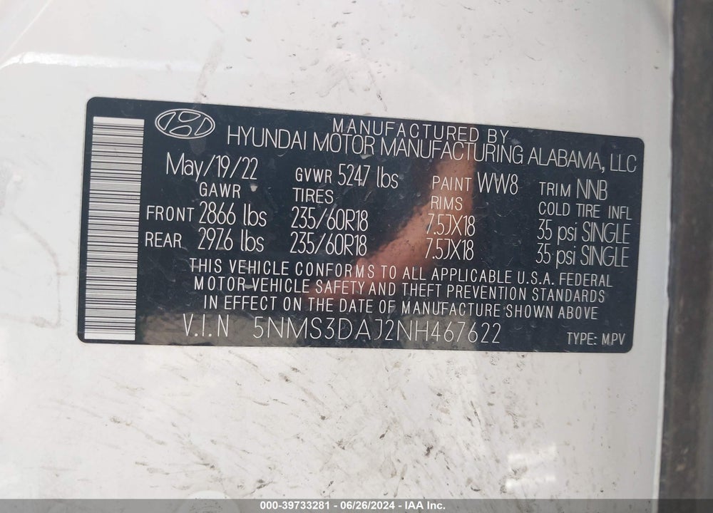 2022 HYUNDAI SANTA FE SEL VIN: 5NMS3DAJ2NH467622