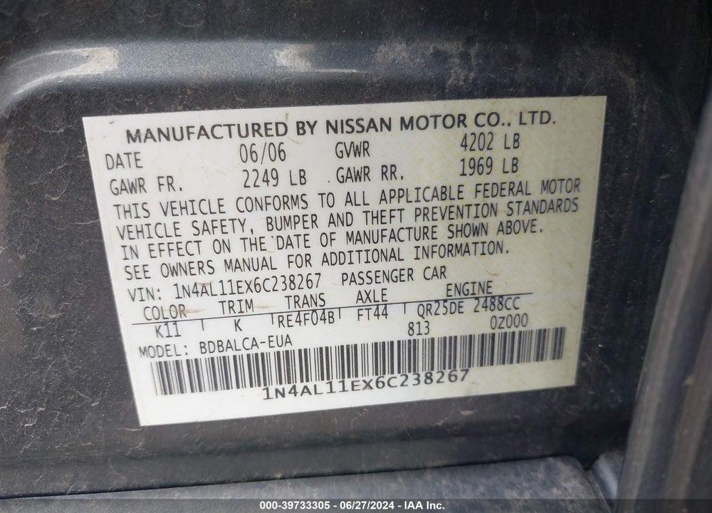 2006 NISSAN ALTIMA 2.5 S VIN: 1N4AL11EX6C238267