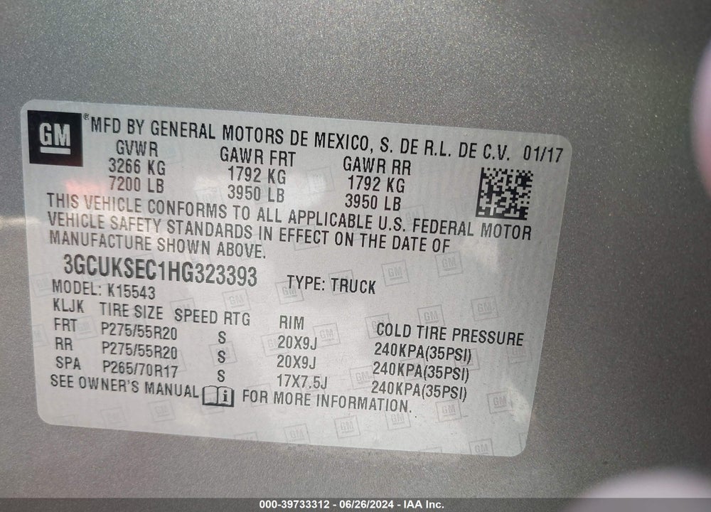 2017 CHEVROLET SILVERADO 1500 1LZ VIN: 3GCUKSEC1HG323393
