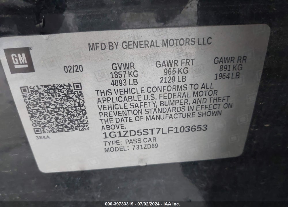 2020 CHEVROLET MALIBU FWD LT VIN: 1G1ZD5ST7LF103653