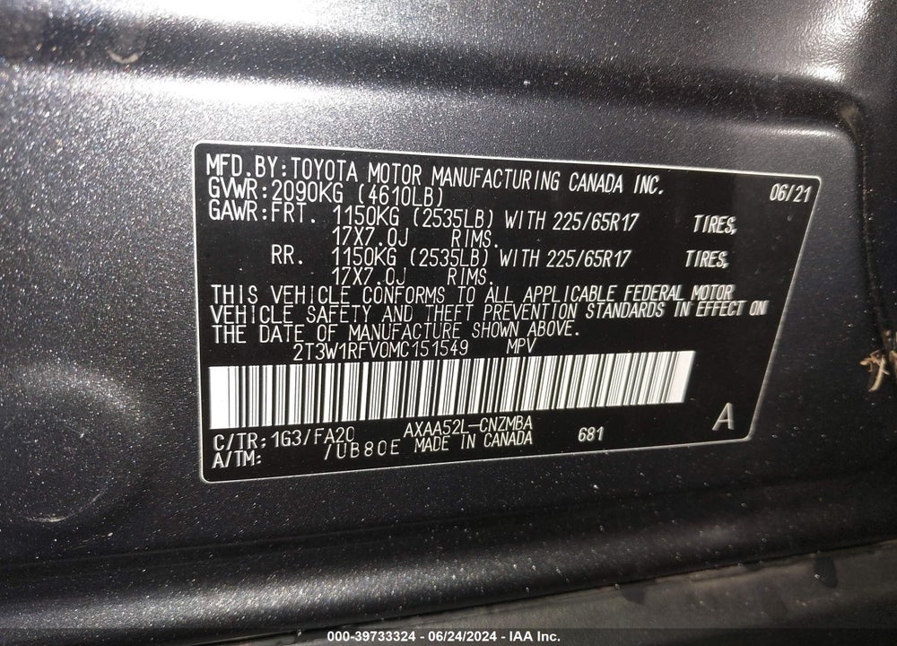 2021 TOYOTA RAV4 XLE VIN: 2T3W1RFV0MC151549