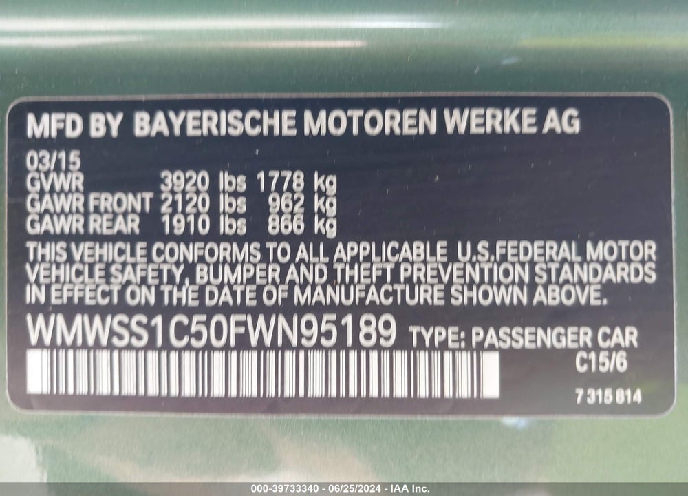 2015 MINI PACEMAN COOPER VIN: WMWSS1C50FWN95189