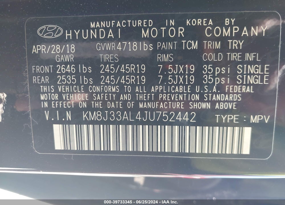 2018 HYUNDAI TUCSON SPORT VIN: KM8J33AL4JU752442