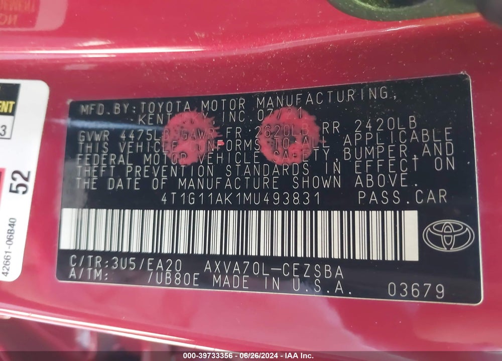 2021 TOYOTA CAMRY SE VIN: 4T1G11AK1MU493831