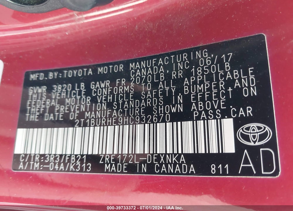 2017 TOYOTA COROLLA LE VIN: 2T1BURHE9HC932670