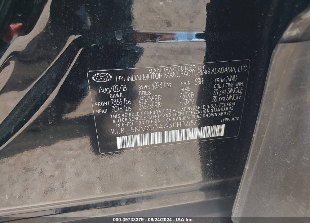 2019 HYUNDAI SANTA FE LIMITED 2.0T VIN: 5NMS53AA3KH021575
