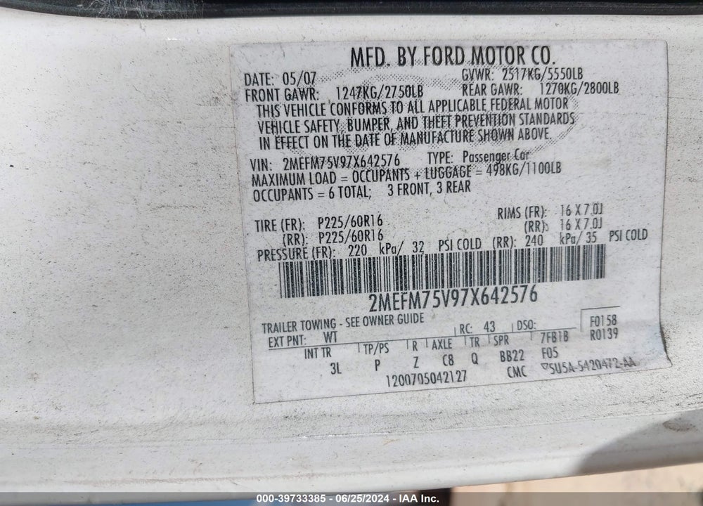 2007 MERCURY GRAND MARQUIS LS VIN: 2MEFM75V97X642576