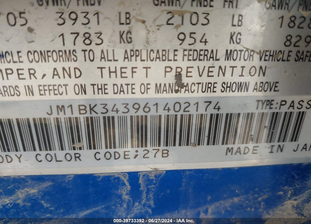 2006 MAZDA 3 S TOURING VIN: JM1BK343961402174