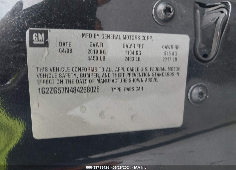 2008 PONTIAC G6 VIN: 1G2ZG57N484268026