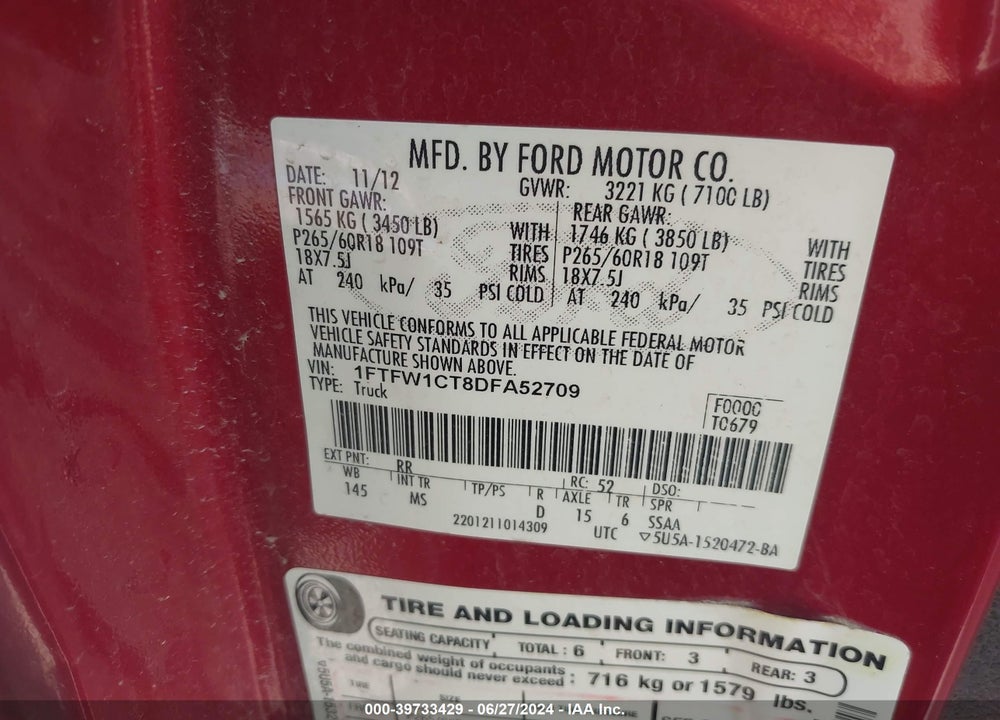 2013 FORD F-150 XLT VIN: 1FTFW1CT8DFA52709
