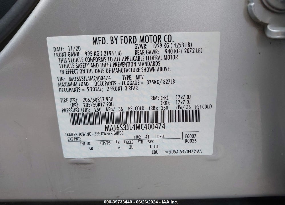 2021 FORD ECOSPORT SES VIN: MAJ6S3JL4MC400474