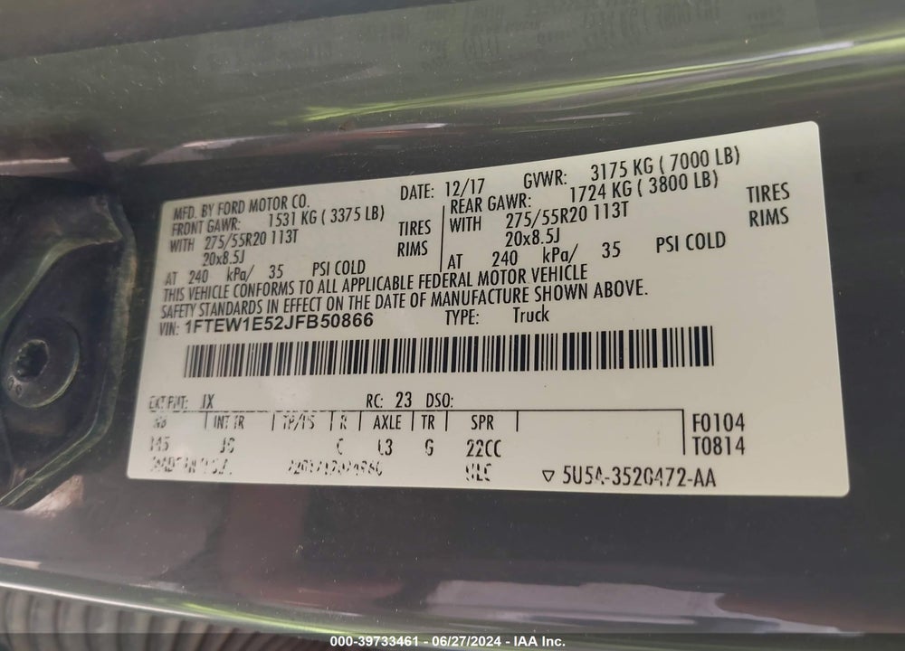 2018 FORD F-150 XL VIN: 1FTEW1E52JFB50866