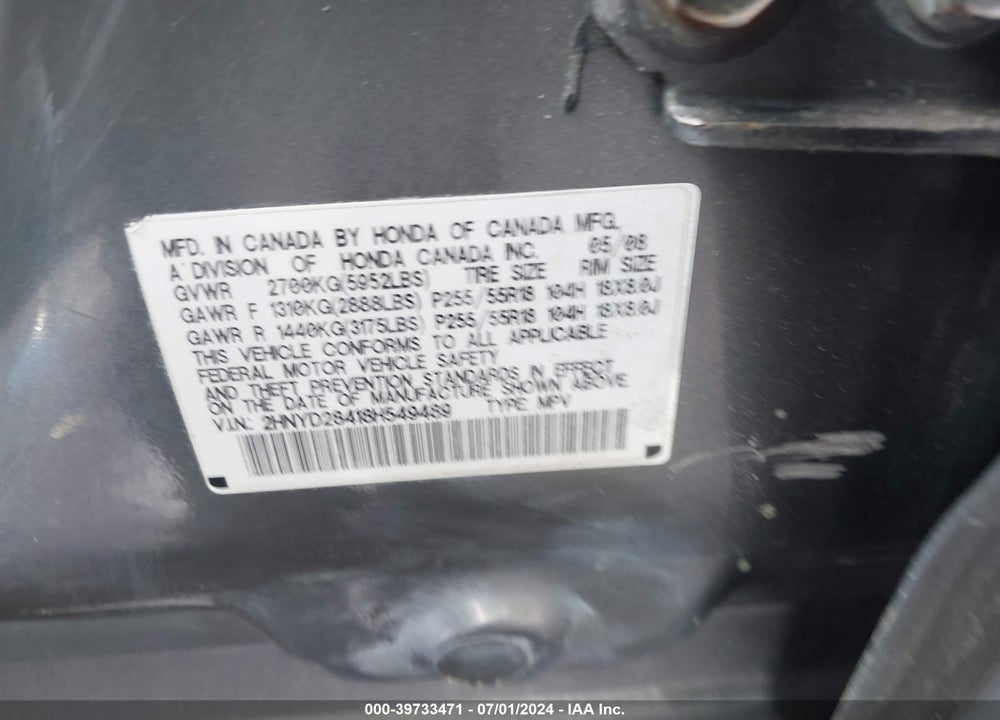 2008 ACURA MDX TECHNOLOGY PACKAGE VIN: 2HNYD28418H549489