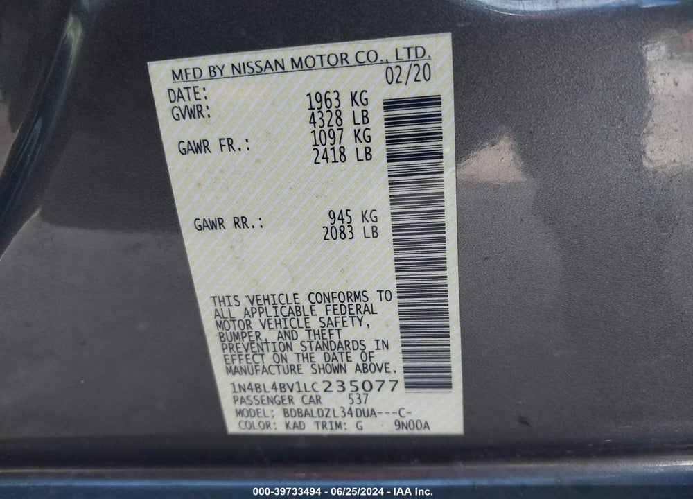2020 NISSAN ALTIMA S FWD VIN: 1N4BL4BV1LC235077