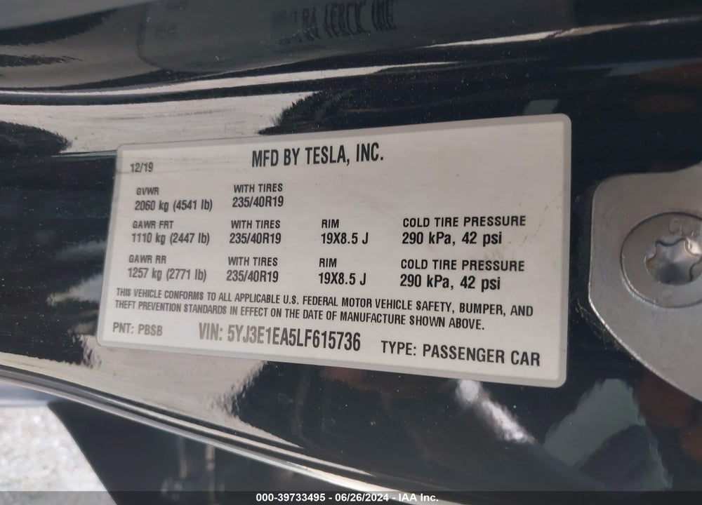2020 TESLA MODEL 3 STANDARD RANGE PLUS REAR-WHEEL DRIVE/STANDARD RANGE REAR-WHEEL DRIVE VIN: 5YJ3E1EA5LF615736