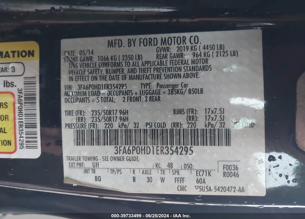 2014 FORD FUSION SE VIN: 3FA6P0HD1ER354295