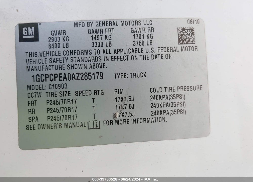 2010 CHEVROLET SILVERADO 1500 WORK TRUCK VIN: 1GCPCPEA0AZ285179