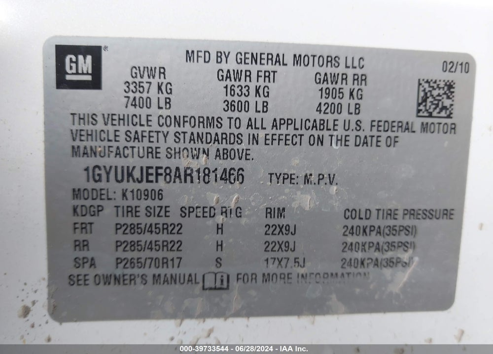 2010 CADILLAC ESCALADE ESV PREMIUM VIN: 1GYUKJEF8AR181466