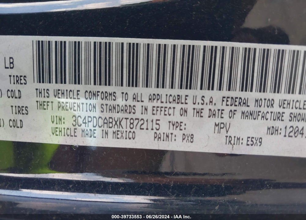 2019 DODGE JOURNEY SE VALUE PACKAGE VIN: 3C4PDCABXKT872115