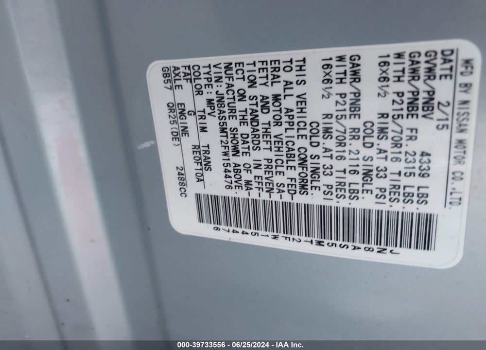 2015 NISSAN ROGUE SELECT S VIN: JN8AS5MT2FW154476