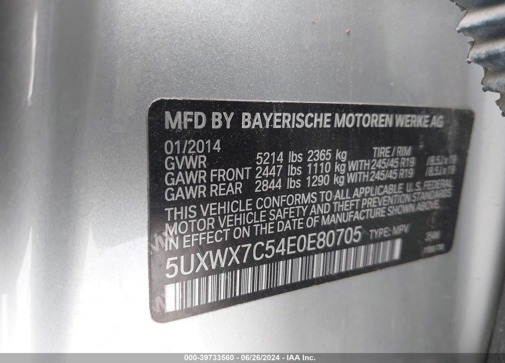 2014 BMW X3 VIN: 5UXWX7C54E0E80705
