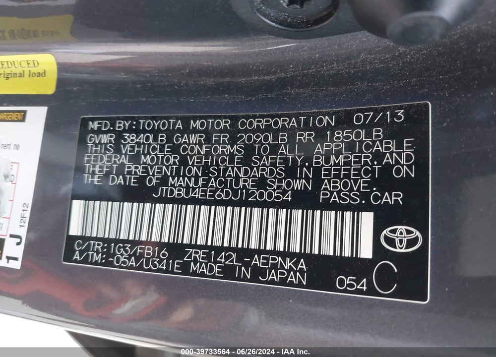 2013 TOYOTA COROLLA LE VIN: JTDBU4EE6DJ120054