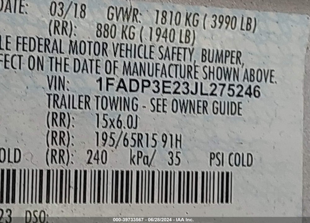 2018 FORD FOCUS S VIN: 1FADP3E23JL275246