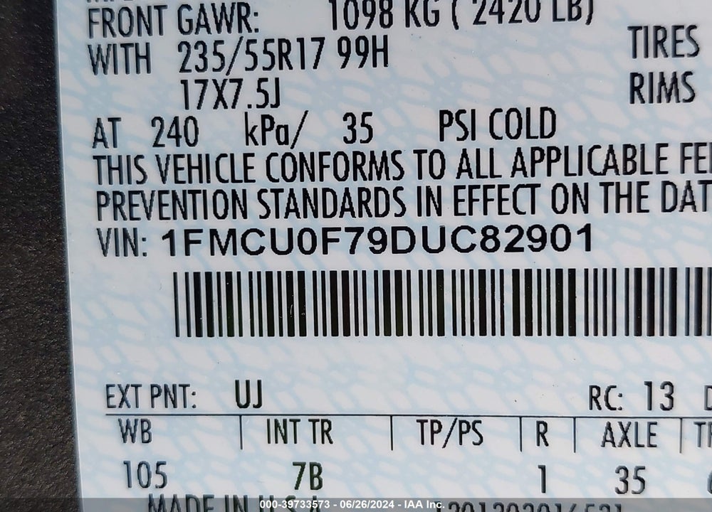 2013 FORD ESCAPE S VIN: 1FMCU0F79DUC82901