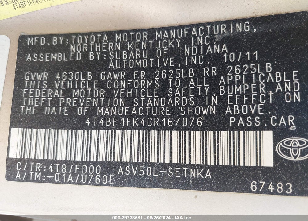 2012 TOYOTA CAMRY LE VIN: 4T4BF1FK4CR167076
