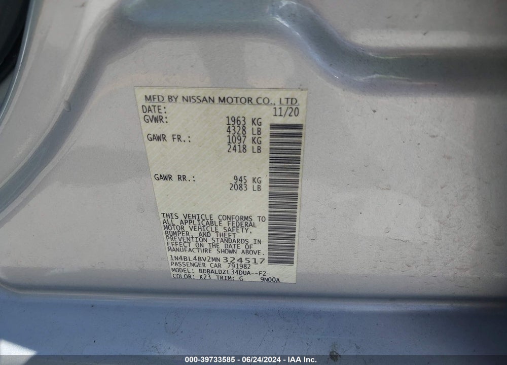 2021 NISSAN ALTIMA S FWD VIN: 1N4BL4BV2MN324517