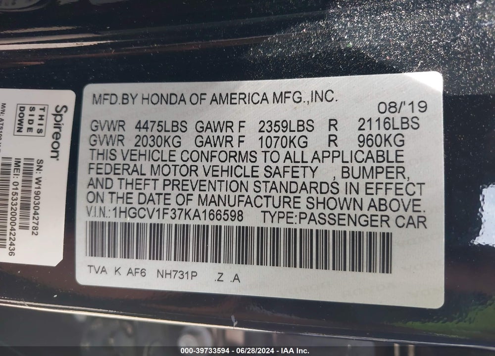2019 HONDA ACCORD SPORT VIN: 1HGCV1F37KA166598