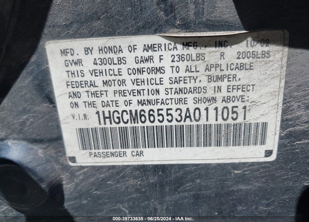 2003 HONDA ACCORD 3.0 EX VIN: 1HGCM66553A011051