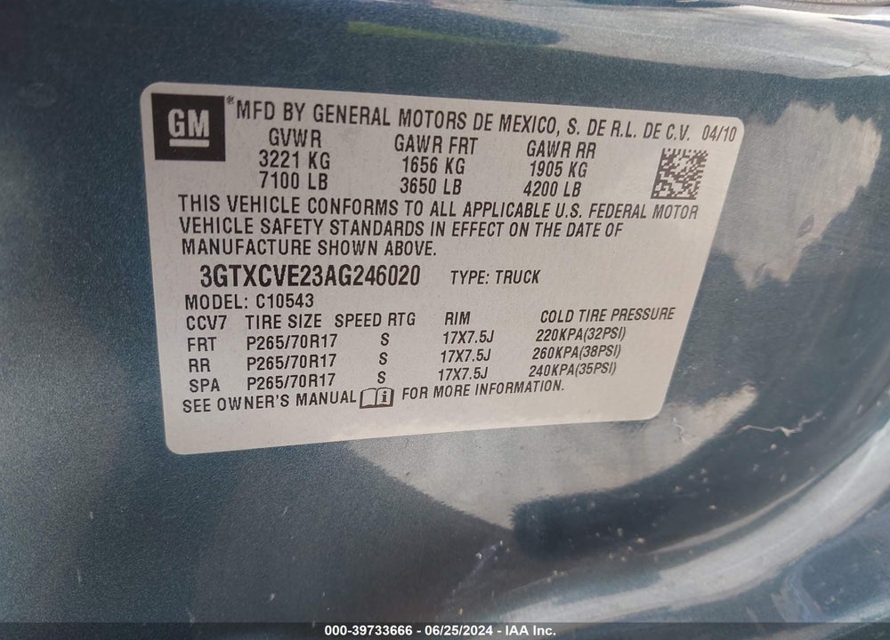 2010 GMC SIERRA 1500 SLE VIN: 3GTXCVE23AG246020