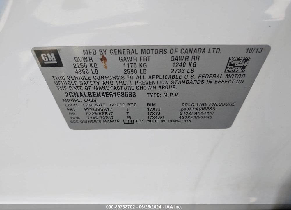 2014 CHEVROLET EQUINOX 1LT VIN: 2GNALBEK4E6168683