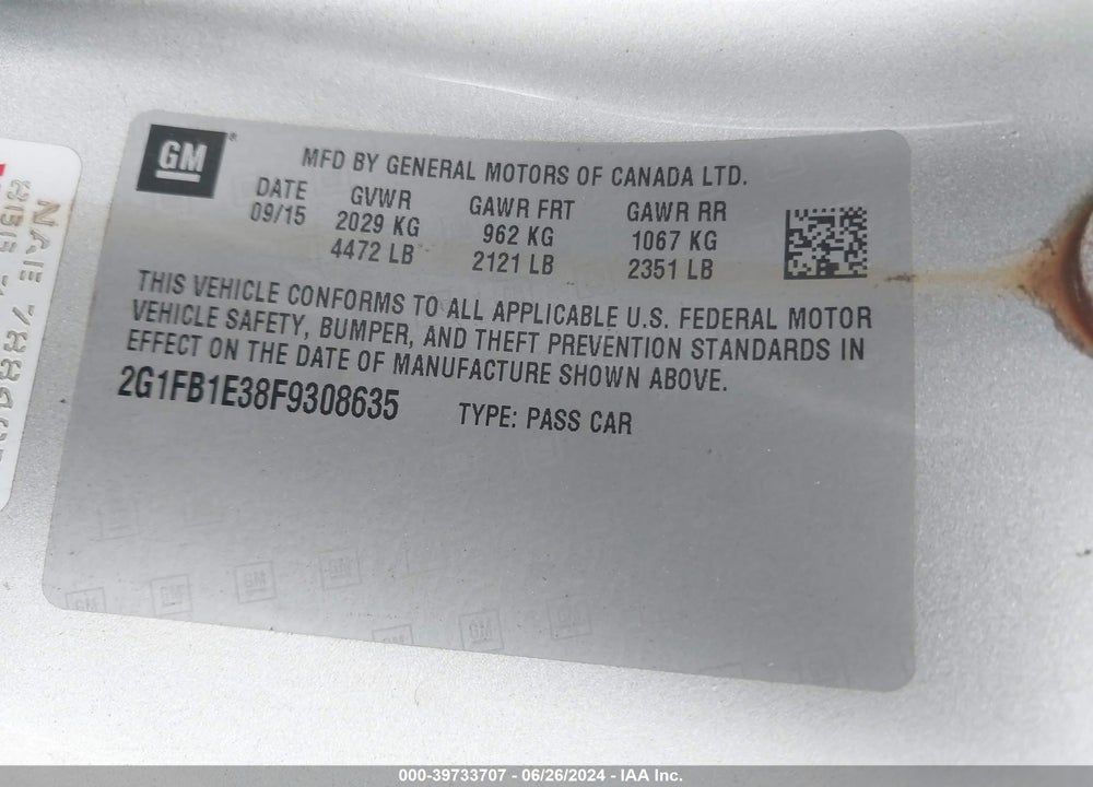 2015 CHEVROLET CAMARO 2LS VIN: 2G1FB1E38F9308635