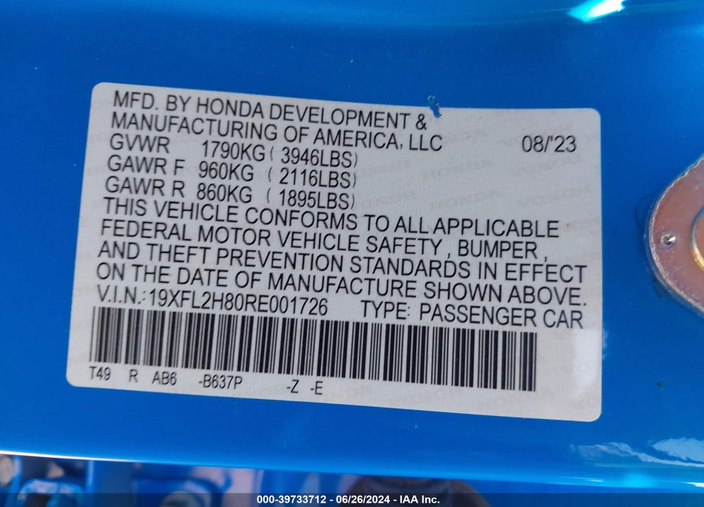 2024 HONDA CIVIC SPORT VIN: 19XFL2H80RE001726