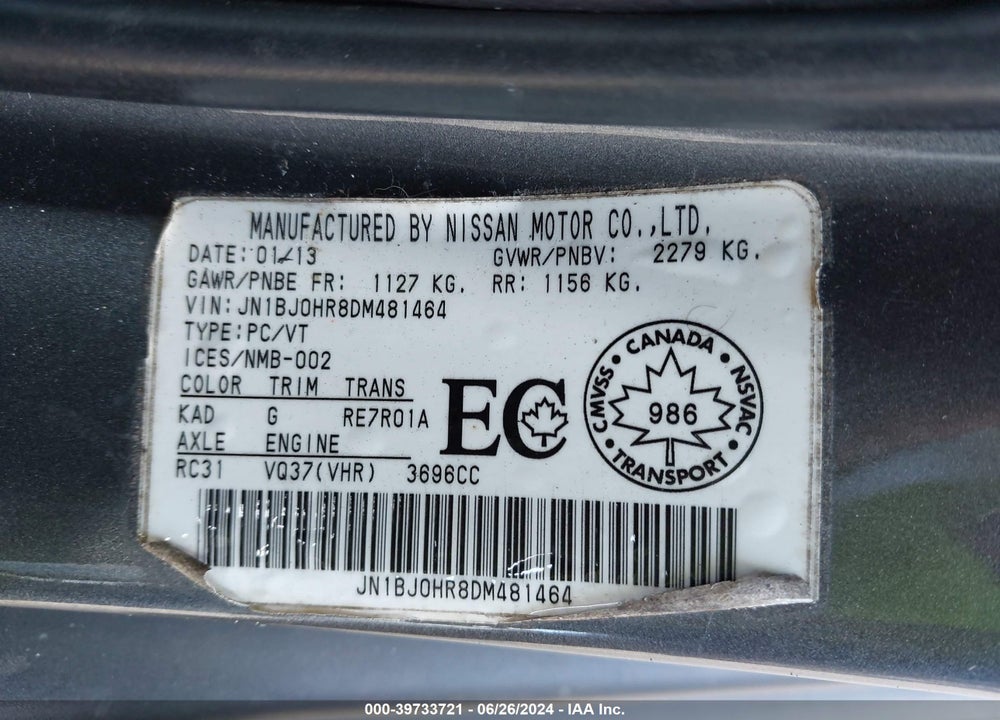 2013 INFINITI EX37 JOURNEY VIN: JN1BJ0HR8DM481464