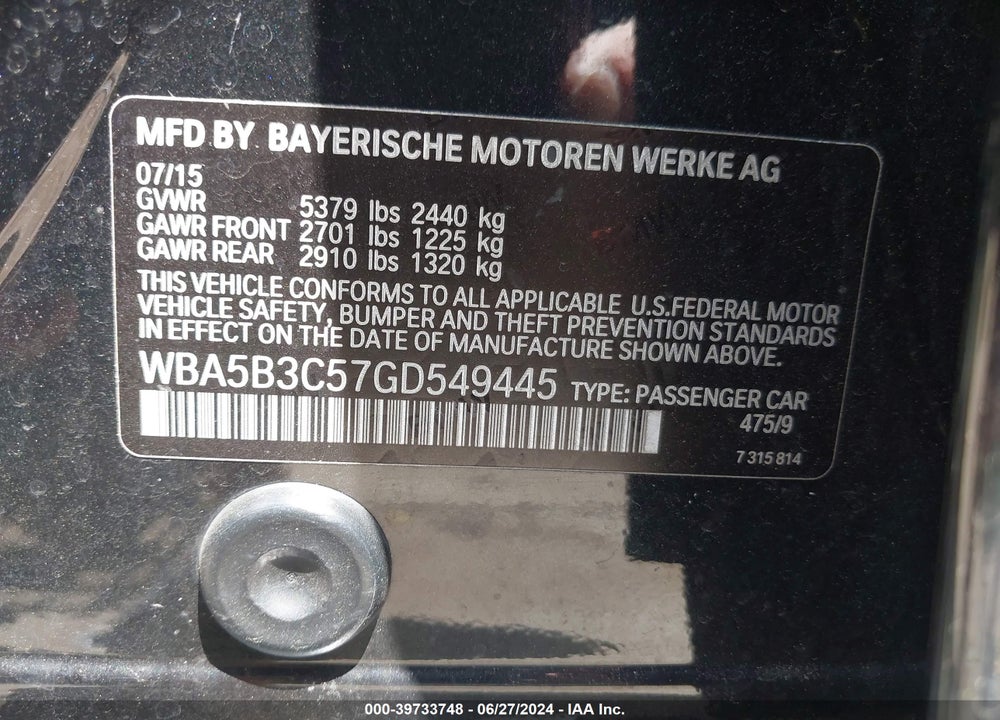 2016 BMW 535I XDRIVE VIN: WBA5B3C57GD549445
