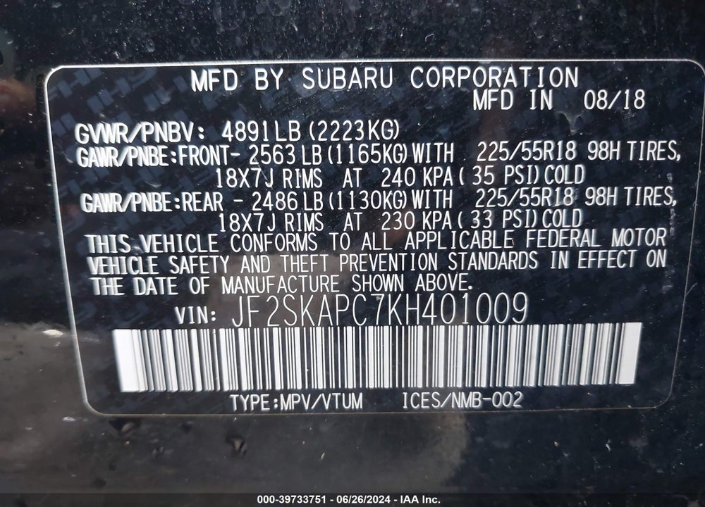 2019 SUBARU FORESTER SPORT VIN: JF2SKAPC7KH401009