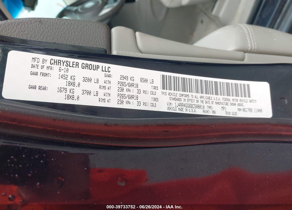 2011 JEEP GRAND CHEROKEE LAREDO VIN: 1J4RR4GG6BC508010