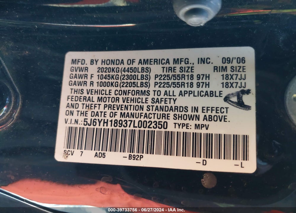 2007 HONDA ELEMENT SC VIN: 5J6YH18937L002350