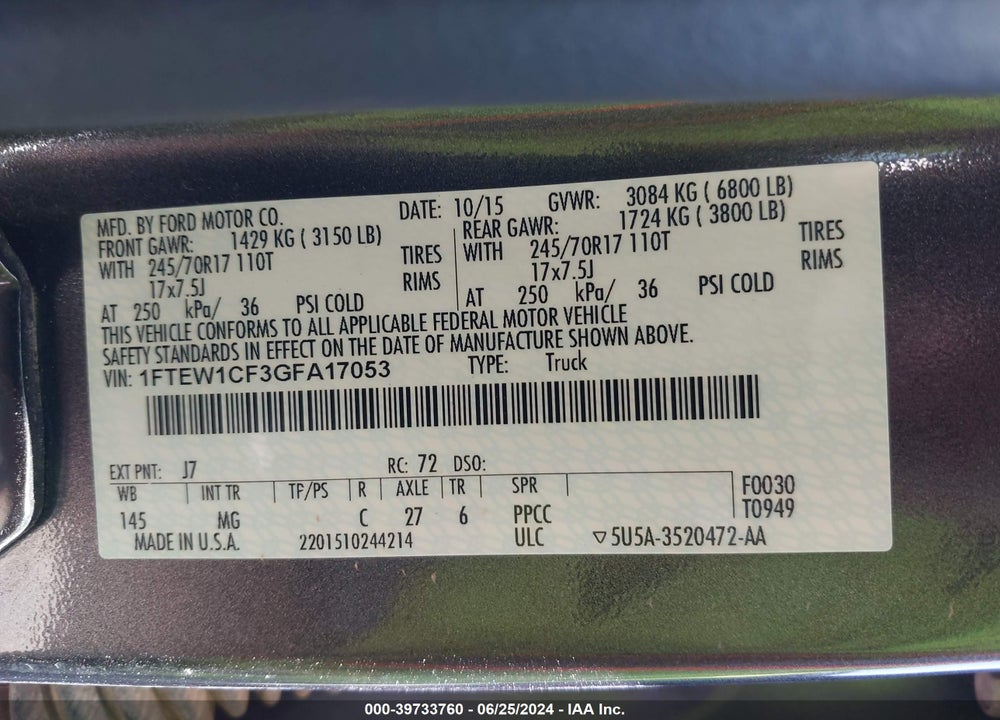 2016 FORD F-150 XLT VIN: 1FTEW1CF3GFA17053