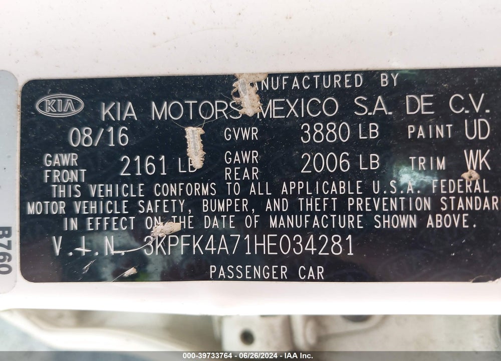 2017 KIA FORTE LX VIN: 3KPFK4A71HE034281