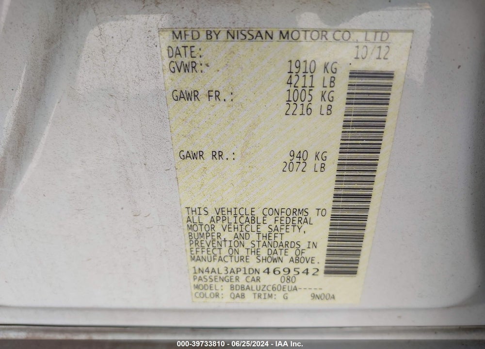 2013 NISSAN ALTIMA 2.5 SV VIN: 1N4AL3AP1DN469542